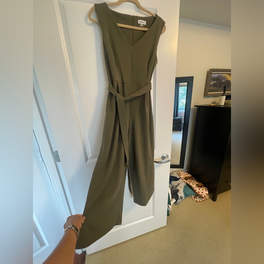 Calvin Klein V-Neck Wide Leg Olive Green Jumpsuit